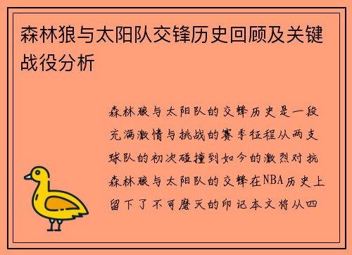 森林狼与太阳队交锋历史回顾及关键战役分析